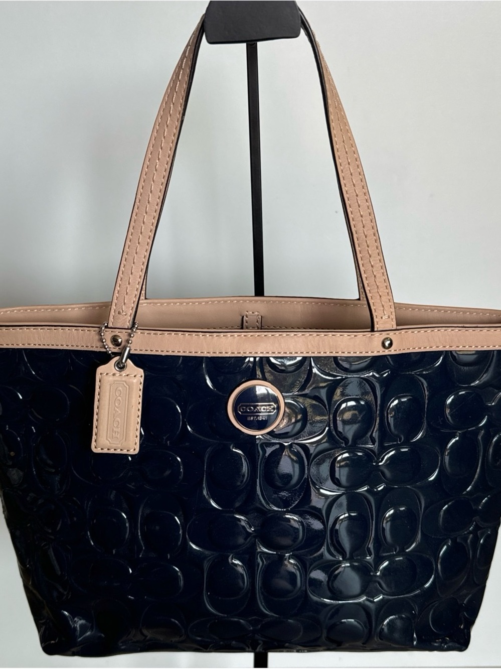 Coach Navy Patent Tote with Beige Trim and Handles